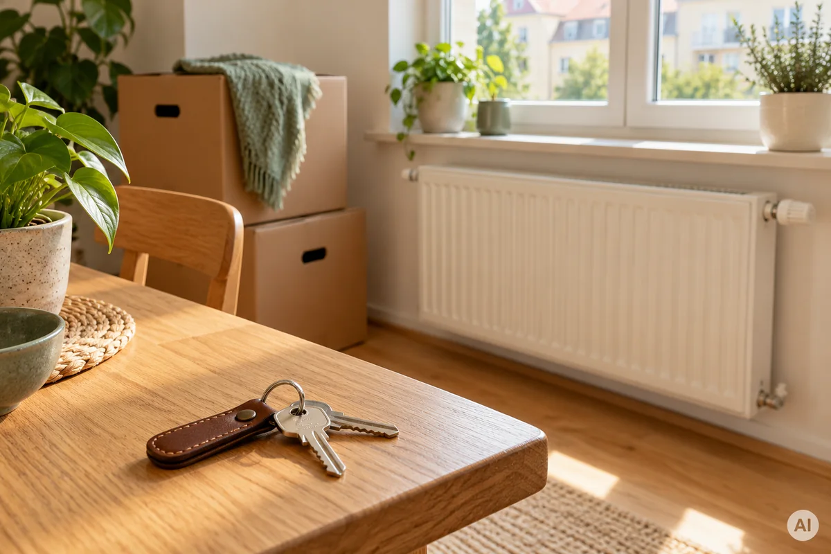 Wohnungsschlüssel auf einem Holztisch vor Umzugskartons und einem Heizkörper